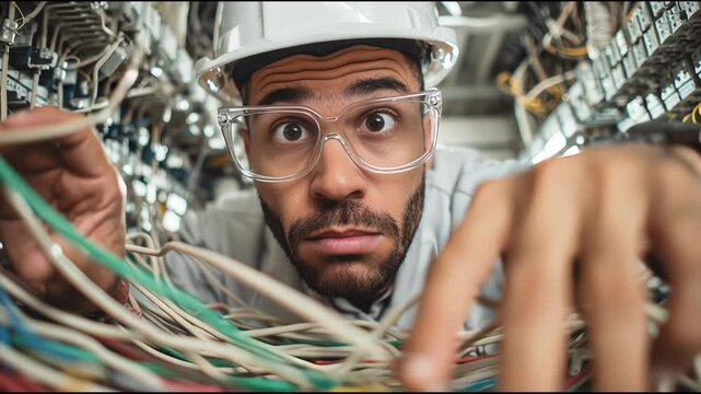 African american man in safety helmet looking confused at tangled network cables or wires problem. Connectivity issue footage.