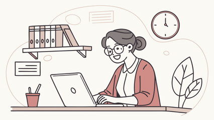 A woman working on a laptop at her desk, surrounded by office supplies and plants, showcasing productivity and a comfortable work environment