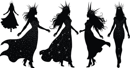 Elegant celestial women silhouettes wearing crowns and starry gowns, cosmic fashion queens in flowing dresses, fantasy royalty vector illustration design