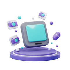 Modern 3D Rendering Composition Featuring a Tablet Cameras and Spheres on a Pedestal