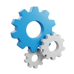 Three gears interlocked blue and white 3D render symbol for settings and machinery concept