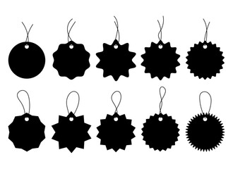 Black silhouette of simple different round price tags, tags, discount labels with rope, isolated on white, vector. Graphic element for design, decoration, sales, offers, with a place for text