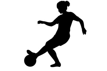 Silhouette of a female soccer player leaning toward the ball in preparation for a precise shot