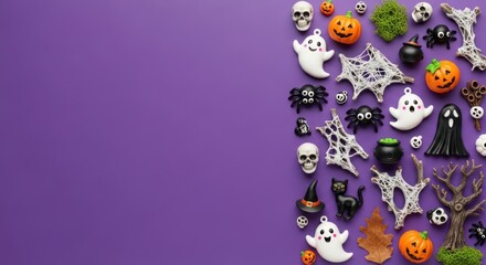 Halloween themed flat lay featuring pumpkins ghosts spiders skulls and other spooky decorations arranged on a vibrant purple background creating a festive and playful atmosphere