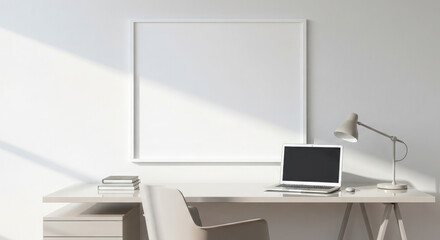 A Productive and Clean Workspace with a Laptop and a Blank Frame.