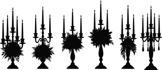 Elegant ornate candelabras with burning candles and floral decorations, luxury vintage silhouette vector illustration for wedding, celebration, interior design inspiration