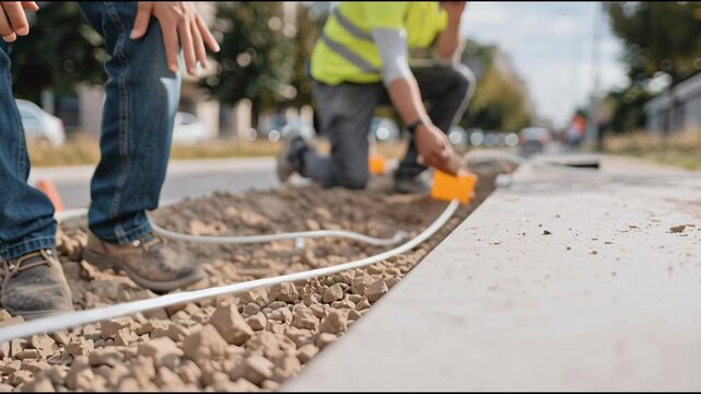 Two male construction workers install fiber optic cable in a trench, laying wires for telecommunication infrastructure video.