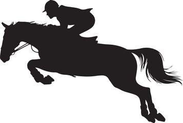 Fototapeta premium Black silhouette of a horse and rider jumping over an obstacle equestrian