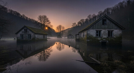 Fototapeta premium Ethereal Dawn Golden mist gently whisks over still waters, reflecting abandoned homes, creating a hauntingly beautiful rural landscape reclaiming forgotten structures