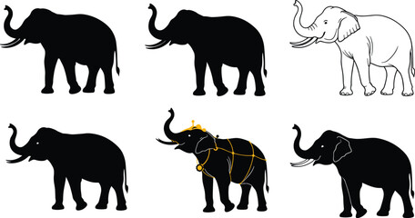 Elephant vector silhouettes and decorative illustrations set with outline, golden ornament, artistic styles, black shapes, cultural design, wildlife artwork