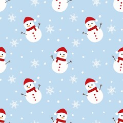Hand drawn cute snowman seamless pattern with red hat, scarf, snowflakes, and winter background. Perfect for Christmas, holiday, and festive decoration.