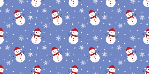 Hand drawn cute snowman seamless pattern with red hat, scarf, snowflakes, and winter background. Perfect for Christmas, holiday, and festive decoration.