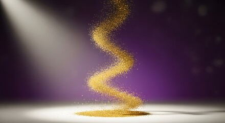 Golden particles swirling upward in a dramatic spotlight against a deep purple background
