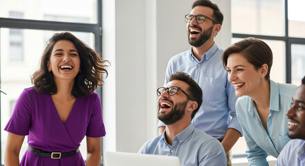 Joyful diverse team laughing together during successful office meeting, celebrating collaboration and shared wins.