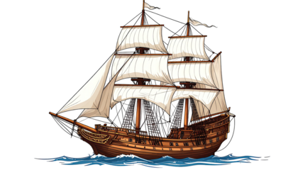 Detailed illustration of a historic sailing ship.  Large, ornate wooden vessel with multiple white sails.  Dark blue water waves below.  Elegant, classic design