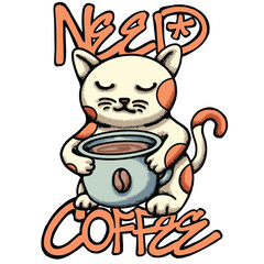 Cat Holding a Coffee Cup hand drawn tshirt illustration