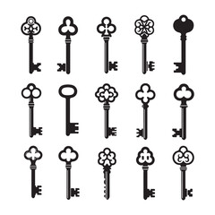 Antique Key Silhouettes – Medieval & Modern Vintage Keys Vector Set.