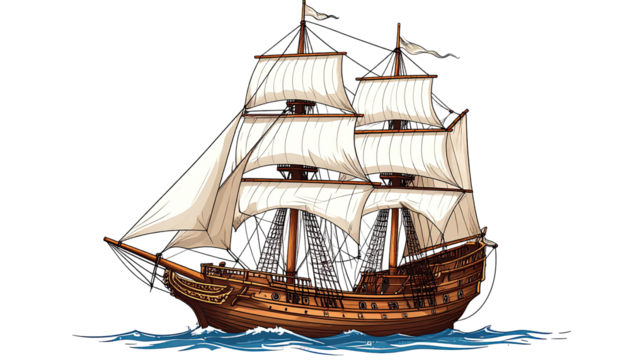 Detailed illustration of a historic sailing ship.  Large, ornate wooden vessel with multiple white sails.  Dark blue water waves below.  Elegant, classic design