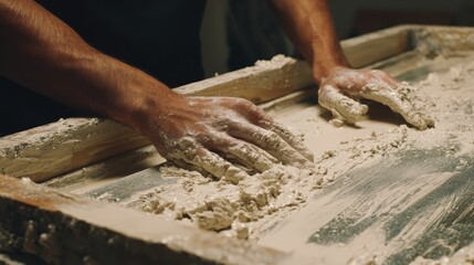 Hands Mixing Ceramic Clay on a Workbench in a Workshop Setting
