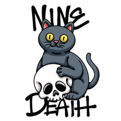 Cat Sitting on a Skull hand drawn tshirt illustration