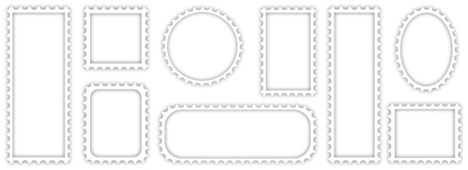 Blank postage stamps borders vector set. Mockup postage stamps with shadow. Realistic trendy post stamps set.. set of vintage summer.	