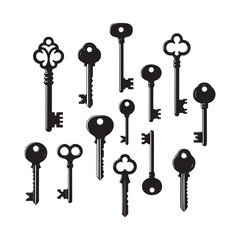 Antique Key Silhouettes – Medieval & Modern Vintage Keys Vector Set.