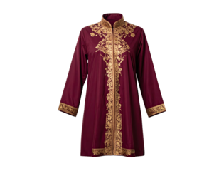 Deep burgundy, embroidered jacket with gold accents.  Full-length,  stand-up collar, long sleeves, ornate trim