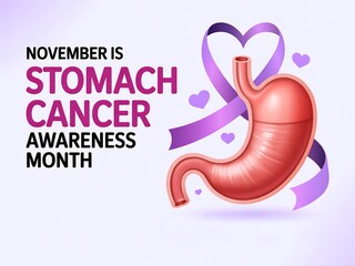 November is stomach cancer awareness month promoting education and support with a purple ribbon and anatomical stomach illustration