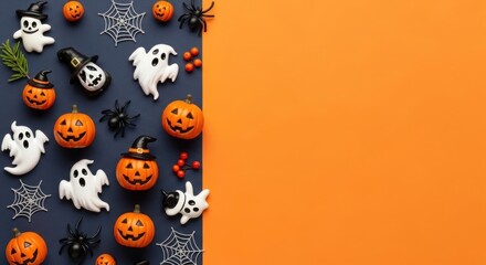 Festive halloween flat lay featuring pumpkins ghosts and spiders on a dark blue background with a vibrant orange space for text or design elements creating a spooky and fun atmosphere