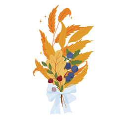 autumn leaves bouquet. fall foliage arrangement. 
vibrant red orange yellow colors. rustic  decoration. Vector illustration. Isolated on a white background