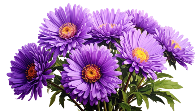 Close-up of a bouquet of vibrant purple asters.  Detailed petals and dark green foliage surround the flowers