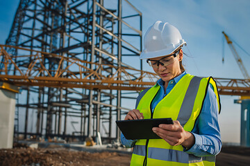 Construction worker with tablet at a building site