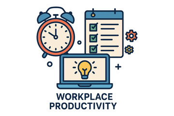 Workplace productivity concept with alarm clock laptop and checklist
