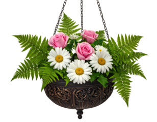 Hanging flower arrangement in ornate pot.  Pink roses, white daisies, and ferns fill a dark, decorative pot