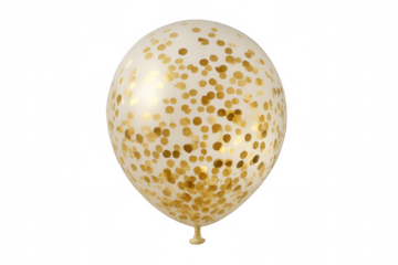 Clear party balloon filled with golden confetti, celebrating happy birthday, new year, anniversary, festive event