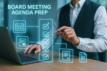 Board meeting agenda preparation office digital workflow professional environment close-up view organizational strategy
