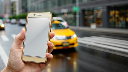 A person is holding a smartphone while standing on a wet street, with a taxi waiting nearby in a bustling urban environment - Powered by Adobe