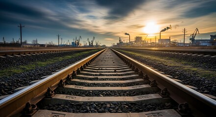 Fototapeta premium Symbol of transport and development: railway tracks leading toward a distant industrial site