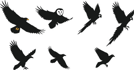 Silhouette birds flying and perched in various positions, eagle, owl, parrot, crow, raven, pigeon, dove, wildlife vector illustration design