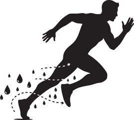 Dynamic Runner Silhouette with Water Droplets. Symbol of Speed, Energy, and Exertion Vector.