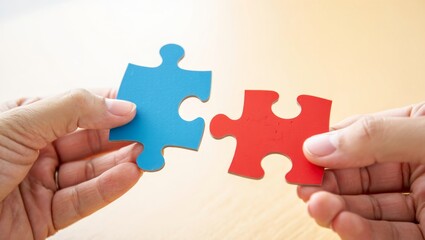 Hands holding and connecting blue and red jigsaw puzzle pieces, representing collaboration, partnership, problem solving, unity, strategy, solution, and teamwork