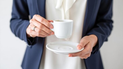 Businesswoman holding white espresso cup and saucer, enjoying coffee break, professional female taking moment for refreshment, corporate success and wellbeing concept