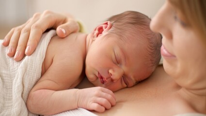 Mother gently holding her peaceful newborn baby sleeping on her chest, representing the profound bonding, love, and tenderness of motherhood and early infant care