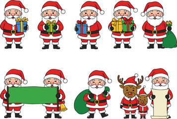 Santa Claus cartoon collection with gifts, Christmas bag, festive banner, reindeer, holiday list, merry celebration illustrations