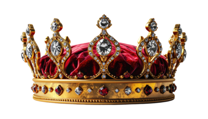 Golden crown with ruby and diamond embellishments, resting on a rich red velvet band