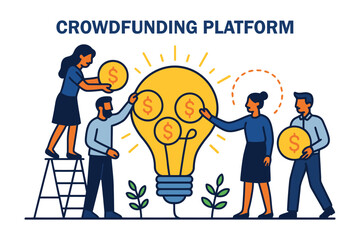 Diverse team collaborating on crowdfunding platform idea with lightbulb