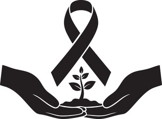 Hands Nurturing a Plant with Black Awareness Ribbon. Symbol of Hope, Growth, and Remembrance Vector.