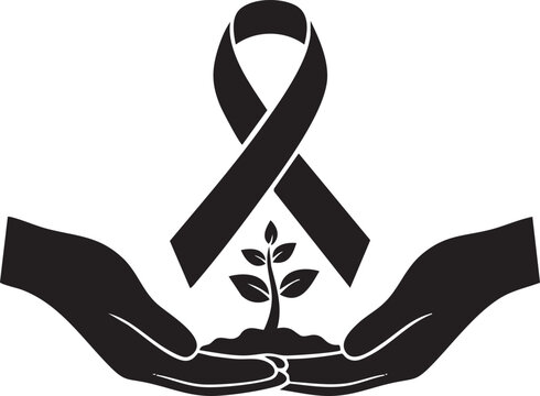 Hands Nurturing a Plant with Black Awareness Ribbon. Symbol of Hope, Growth, and Remembrance Vector.