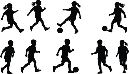 Silhouette children playing soccer in dynamic action poses, running, kicking, dribbling ball, teamwork, exercise, sports activity, recreation vector illustration