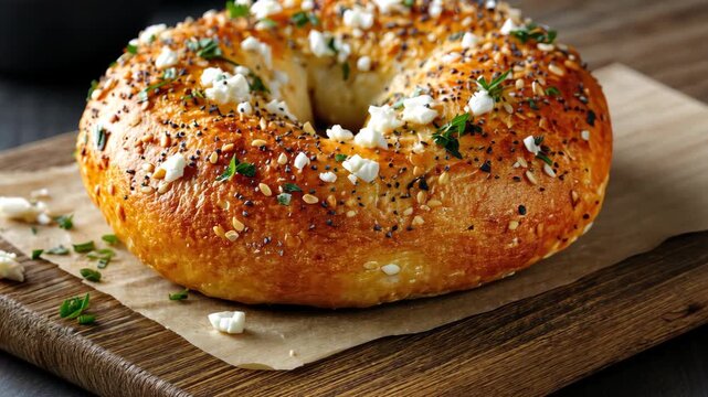Freshly baked bagel with a crispy crust, topped with herbs and cheese, beautifully presented on a wooden board